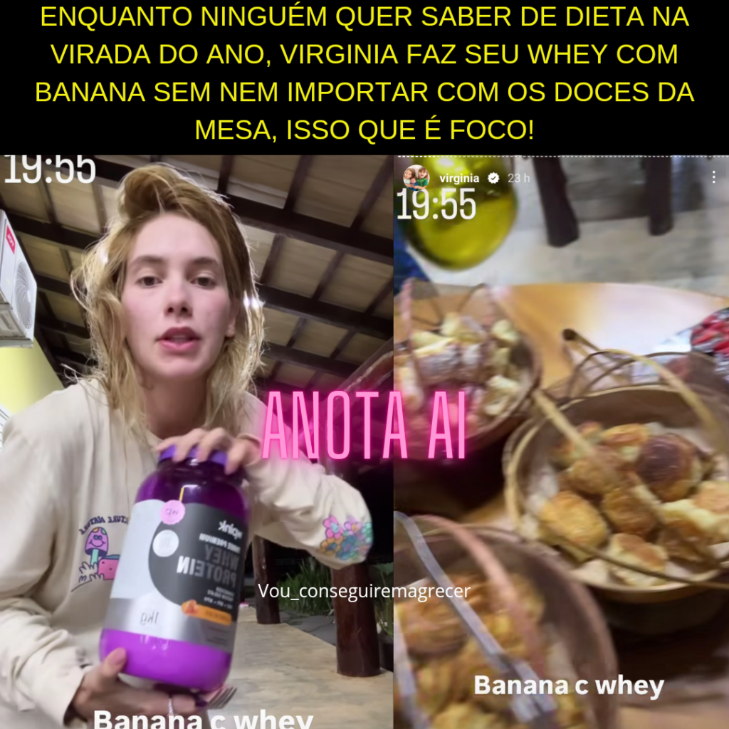 Foco na dieta: Em plena virada de ano novo, Virginia comendo whey com banana em uma mesa farta de doces!